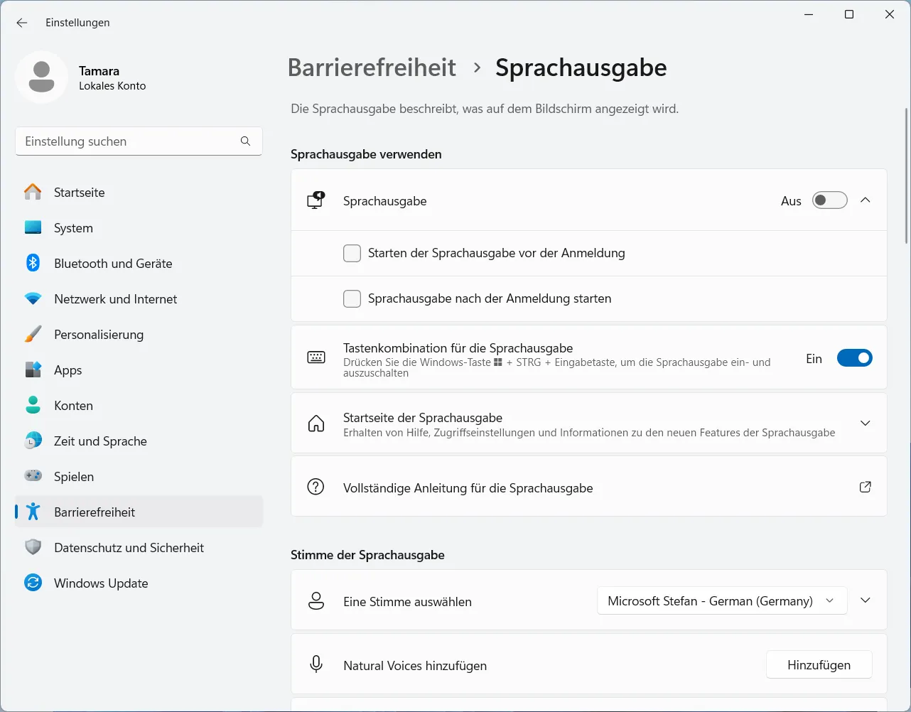 Das Fenster für Sprachausgabe unter Windows 11