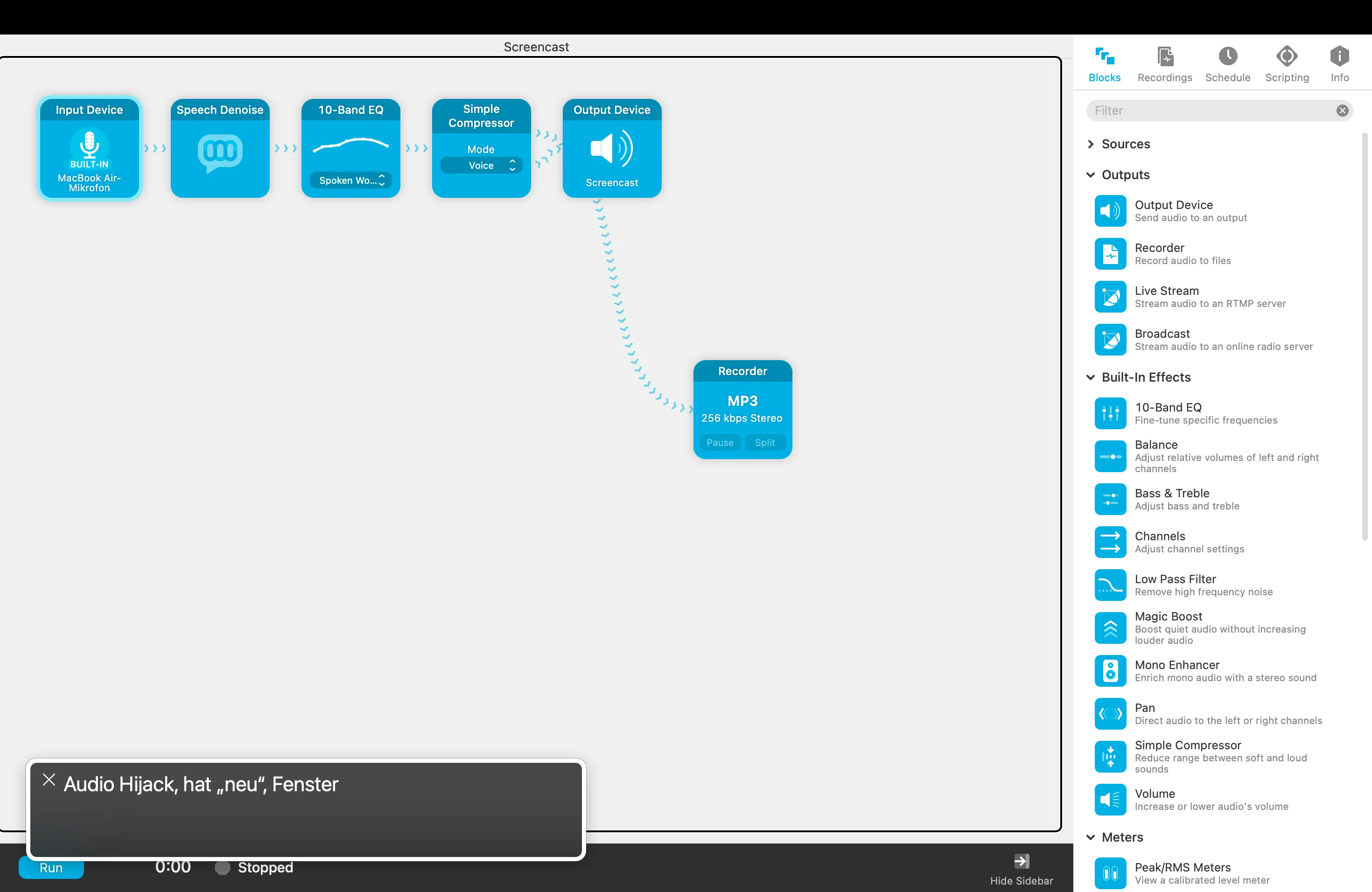 Screenshot von Audio Hijack mit konfigurierter Screencast-Session. Sie wendet auf die Mikrofon-Eingabe mehrere Effekte zur Verbesserung der Klangqualität gesprochener Sprache an und gibt sie sowohl über das virtuelle Screencast-Gerät als auch in einen Recorder zur Aufnahme von Audio-Dateien aus.