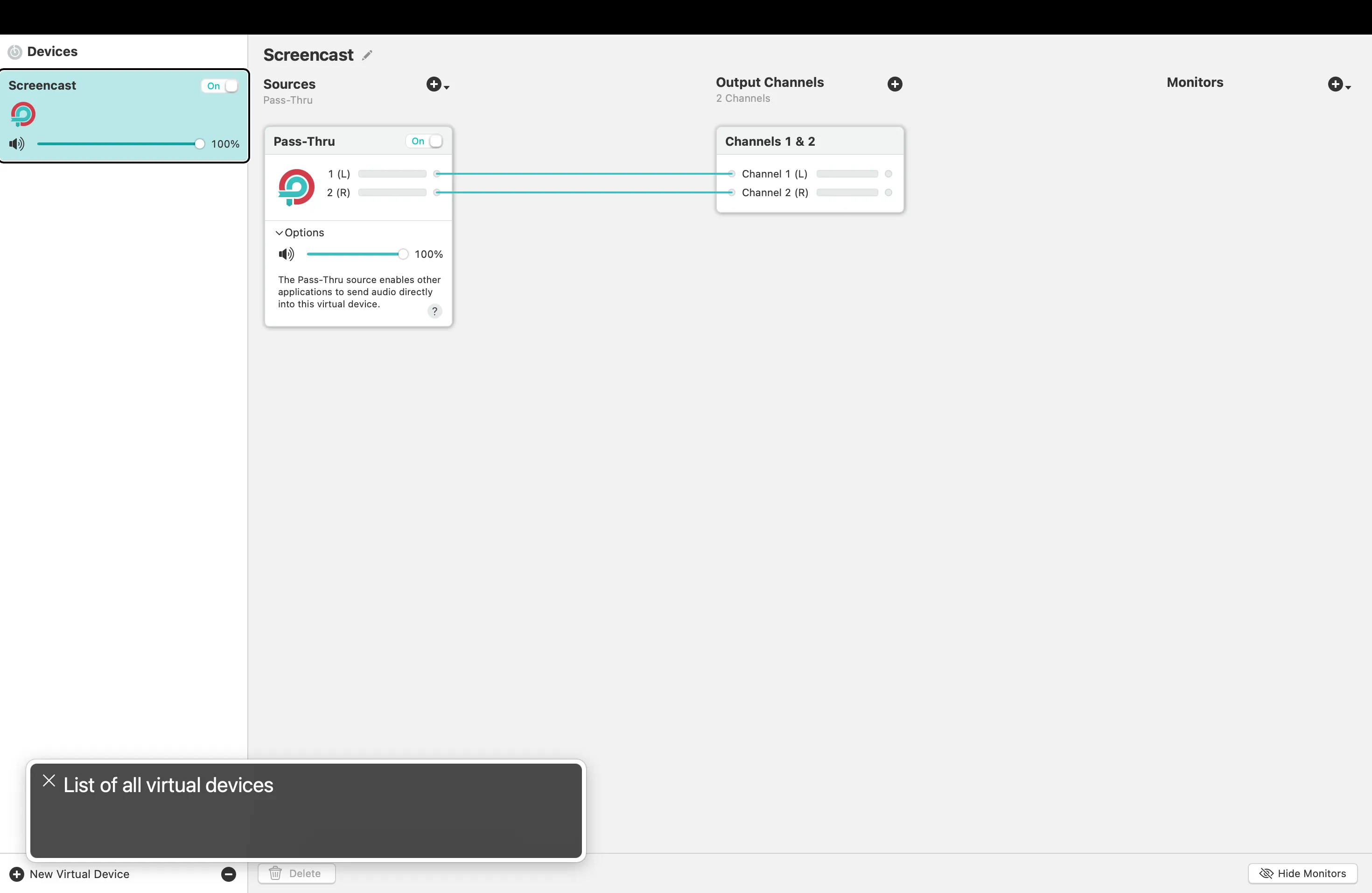 Screenshot vol Loopback mit konfiguriertem Pass-Through-Gerät